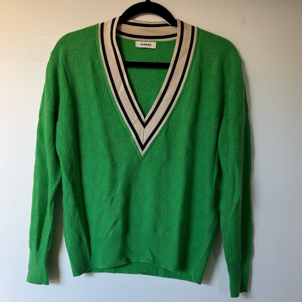 Sandro Green V-Neck Sweater with Striped Collar (wool/cashmere blend)